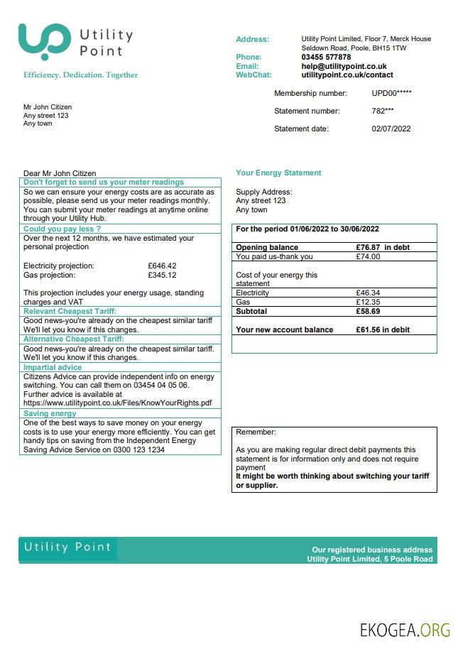 United Kingdom Utility Point utility bill template in Word and PDF format